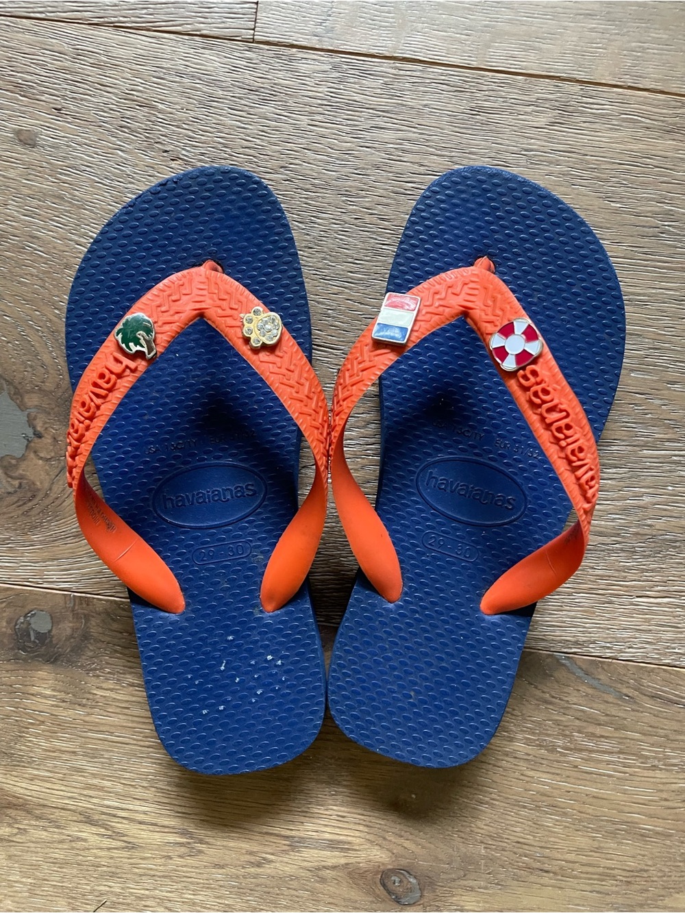 Havaianas Kids Navy Blue & Orange Flip Flops with Charms 13 1Y